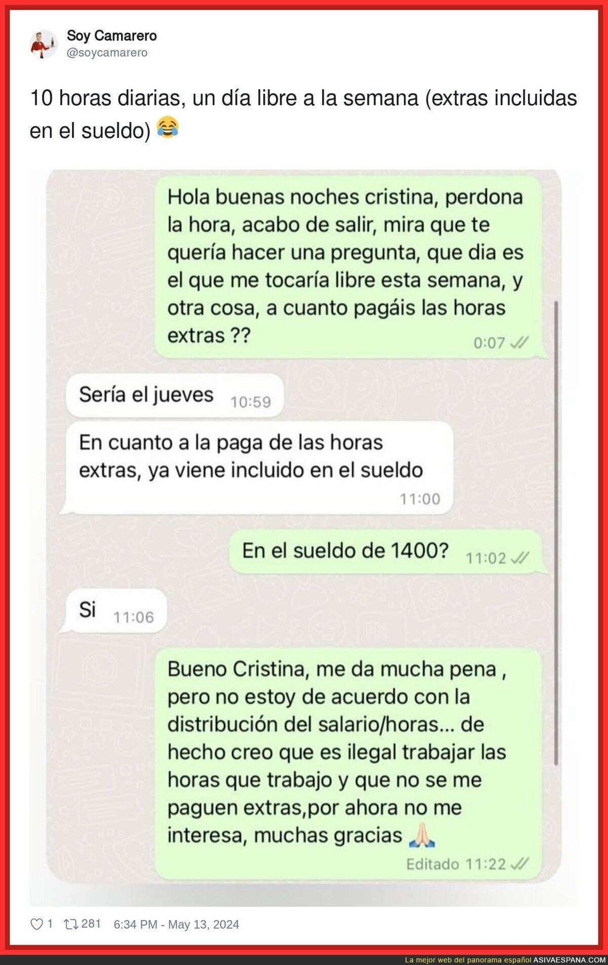 Las horas extras ya incluidas en un salario de 1400€