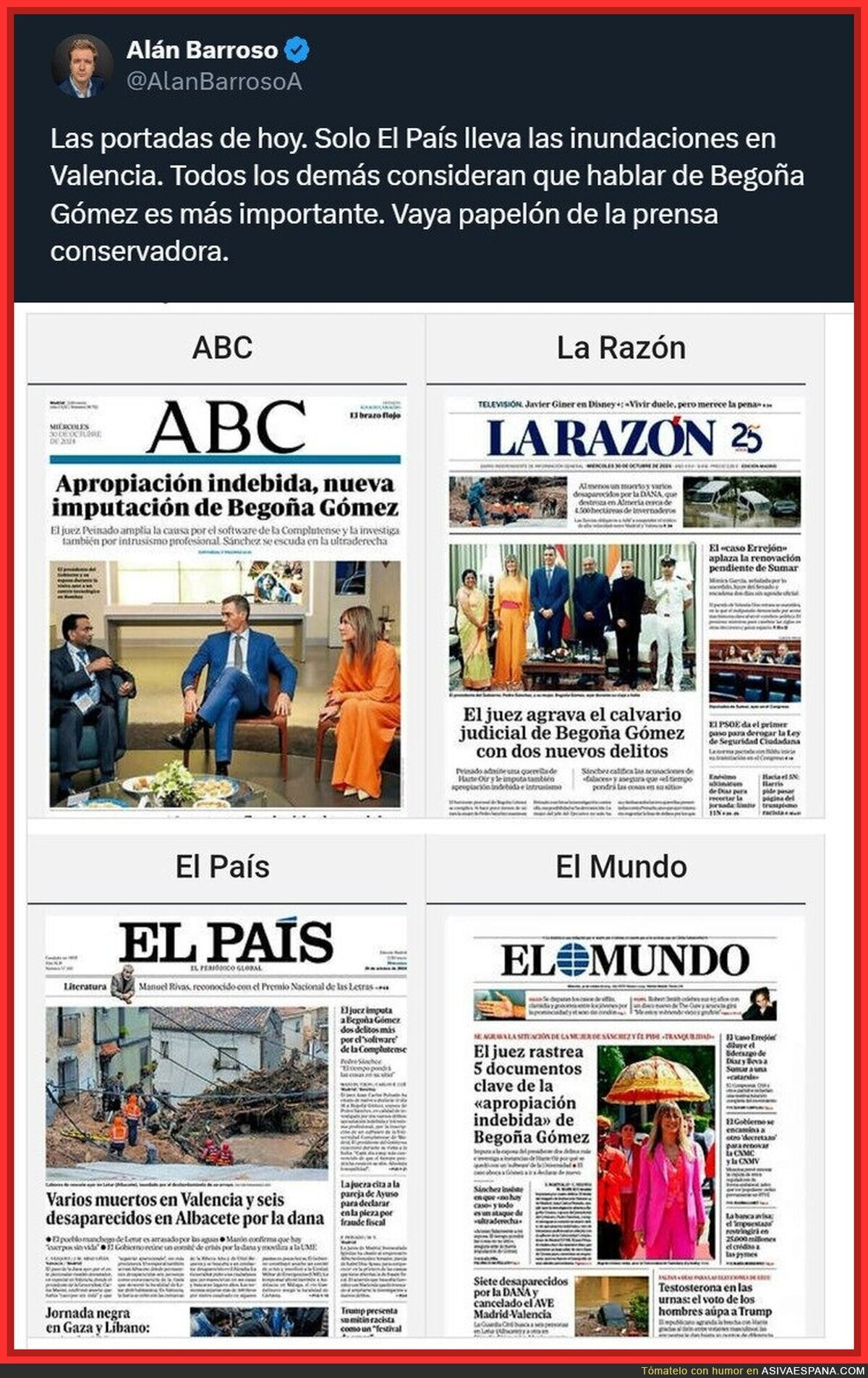 La peor DANA del siglo. 95 muertos (hata el momento). ¡Pongamos en portada a Begoña Gómez!