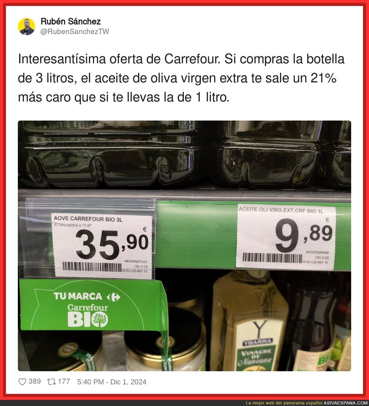 El Carrefour la lía con este precio del Aceite de Oliva Virgen Extra