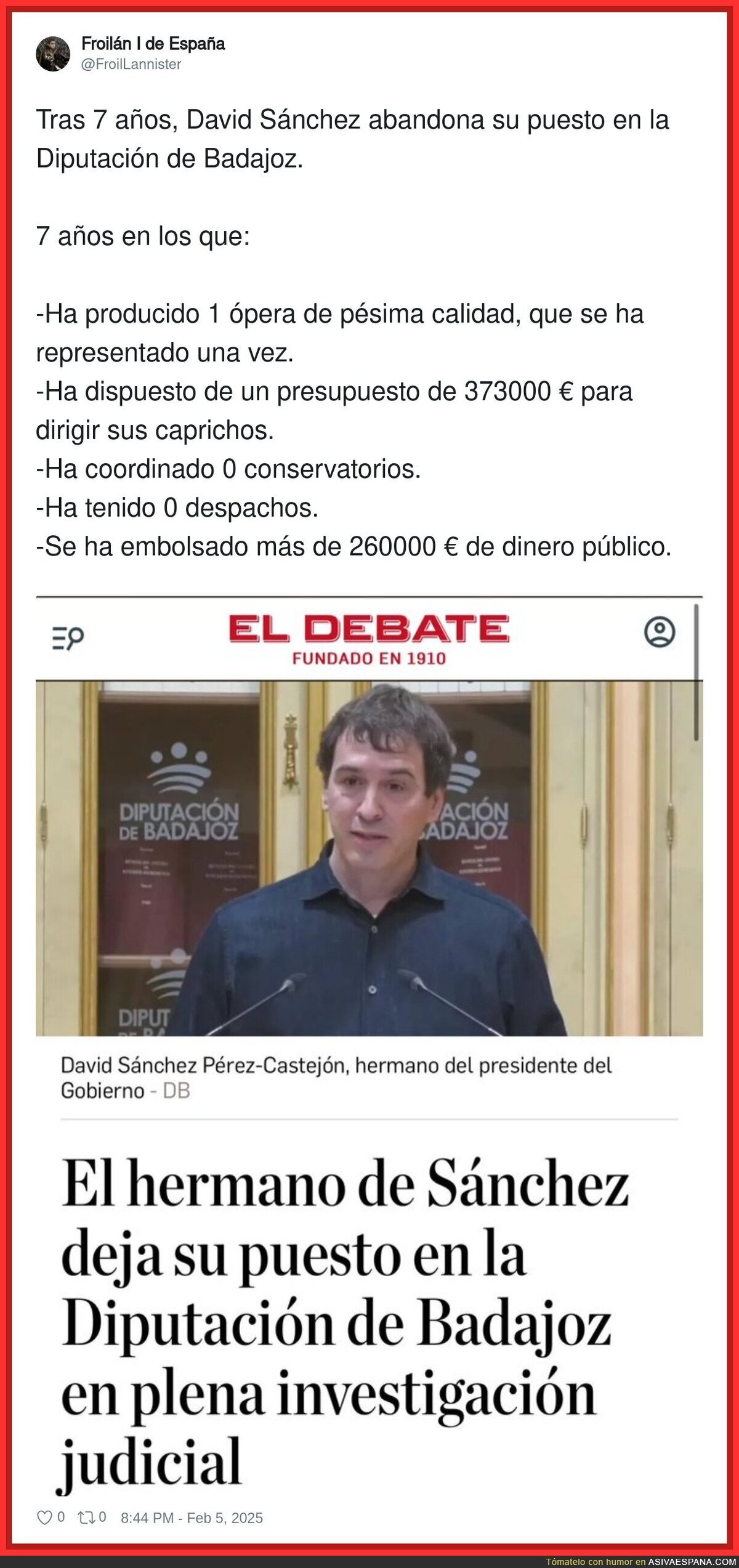 El hermano de Pedro Sánchez abandona su puesto en la Diputación de Badajoz