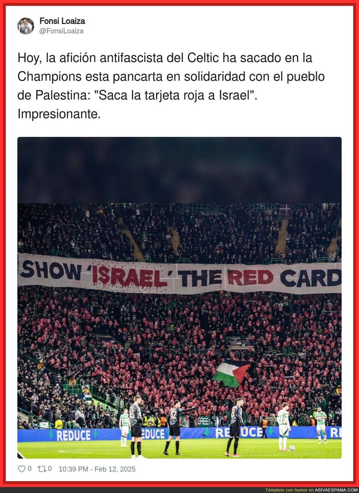 La afición del Celtic se la sacó del estadio con esta pancarta contra Israel