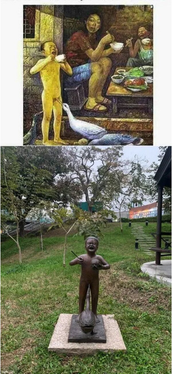 estatua,ganso,niño,pintura