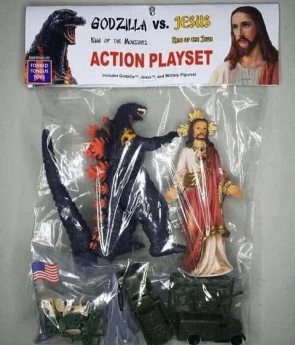Godzilla,Jesucristo,juguetes,muñecos