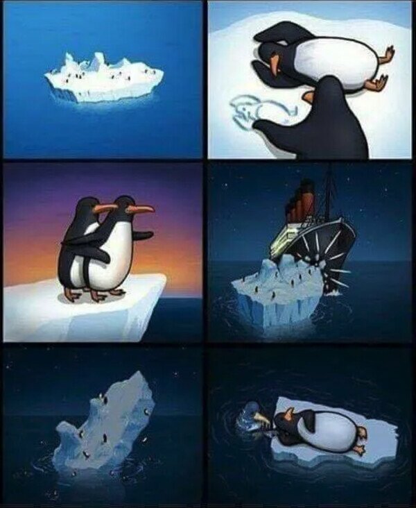 iceberg,pareja,pingüinos,titanic