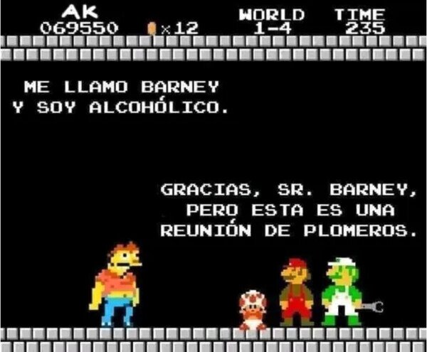 alcoholicos,Barney,fontaneros,Luigi,Mario,reunión