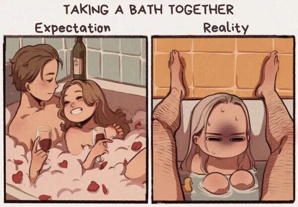 bañera,baño,expectativa,pareja,realidad