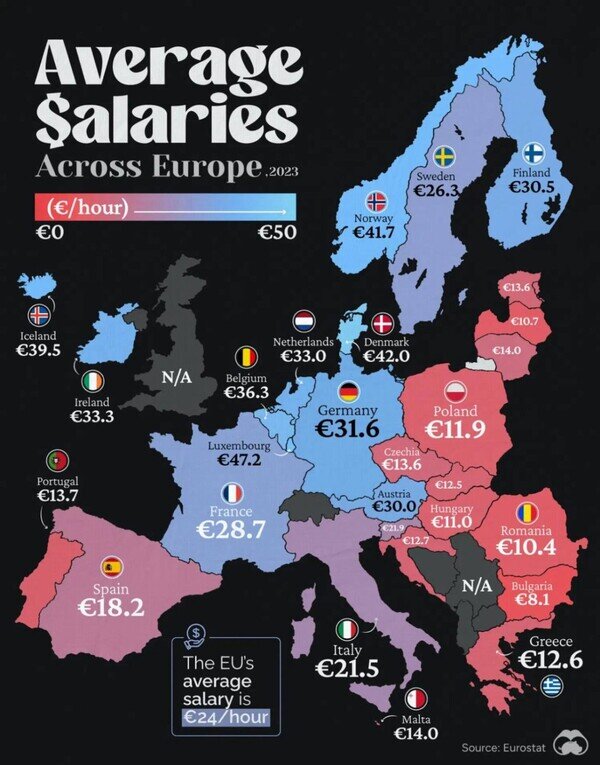 cobrar,dinero,Europa,hora,mapa,países,sueldo