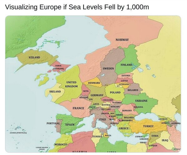 Otros - El mapa de Europa si el nivel del mar bajara 1000m