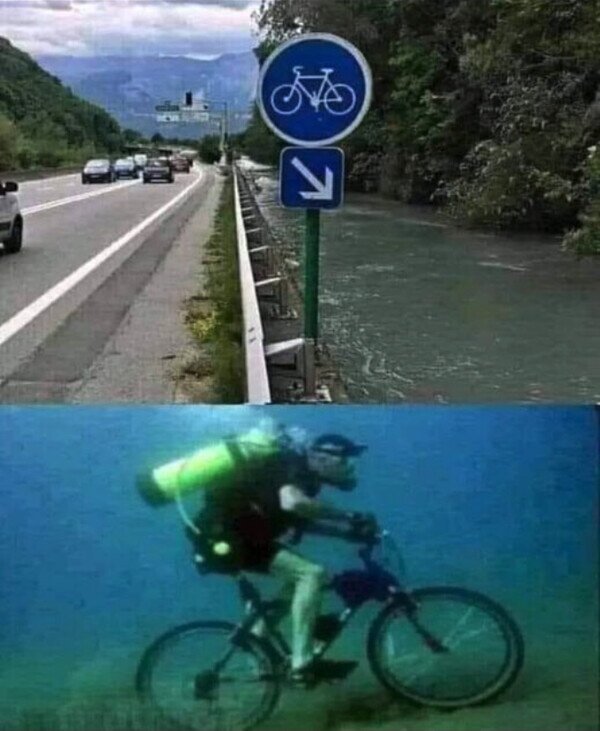 agua,bici,carretera,señal,wtf