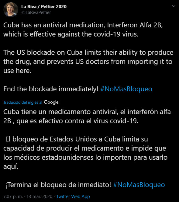 4343 - Cuba ha desarrollado un medicamento efectivo contra el coronavirus y no puede producirlo por el bloqueo de los Estados Unidos.
