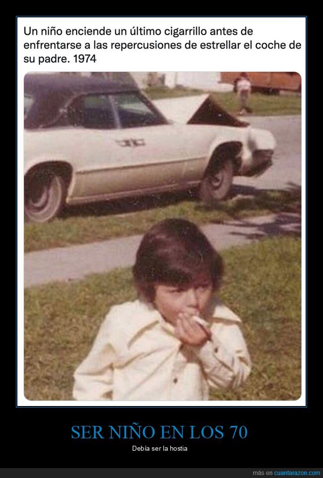 1974,cigarrillo,coche,fumando,niño