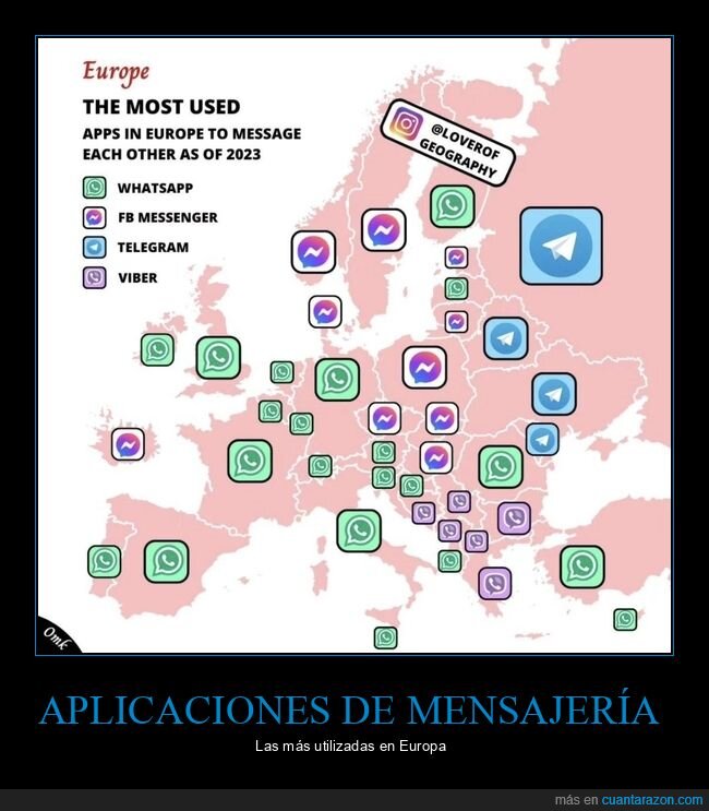aplicaciones de mensajería,usadas,países,europa,mapa