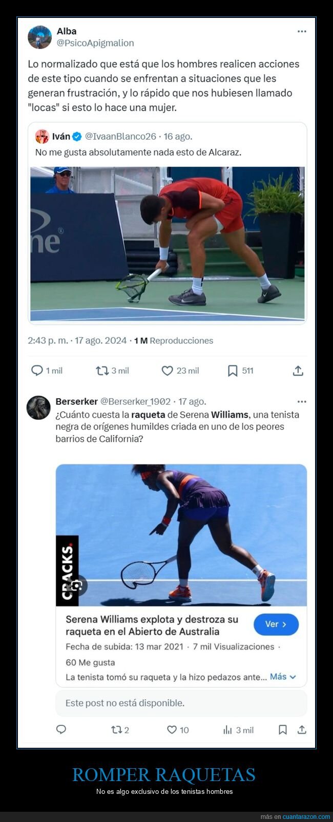 tenis,alcaraz,raqueta,frustración,hombres,serena williams