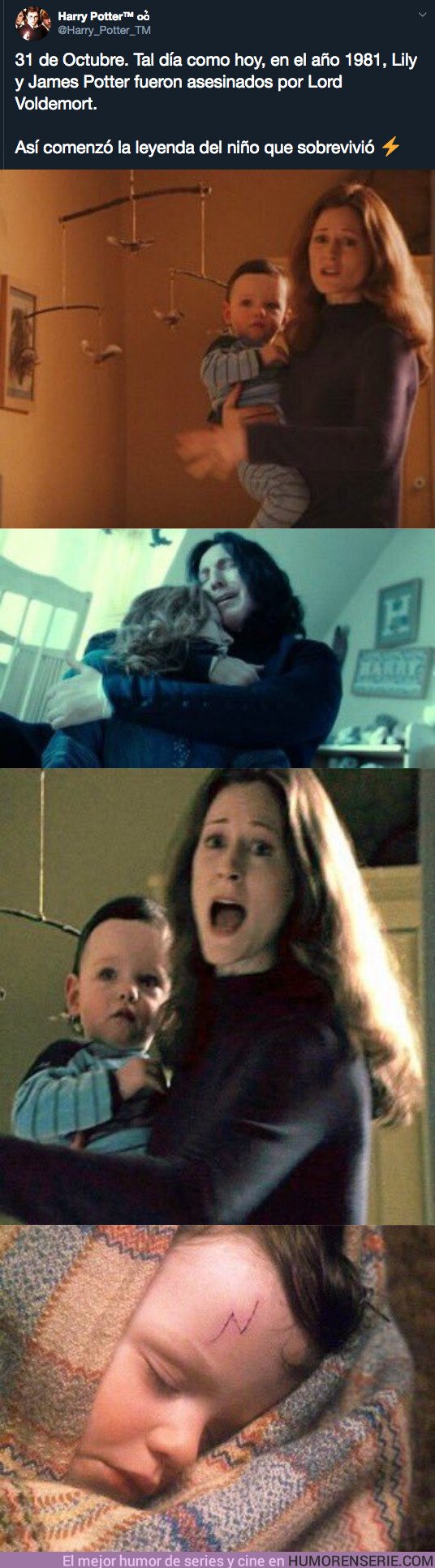 43580 - 31 de Octubre. Tal día como hoy, en el año 1981, Lily y James Potter fueron asesinados por Lord Voldemort.   Así comenzó la leyenda del niño que sobrevivió  ⚡️