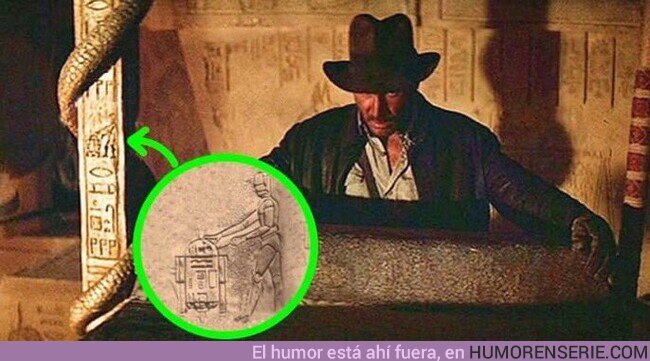 53997 - En Indiana Jones y en busca del arca perdida(1981), cuando el protagonista encuentra el arca, si nos fijamos en los símbolos grabados, podemos ver a R2-D2 y a C-3PO.