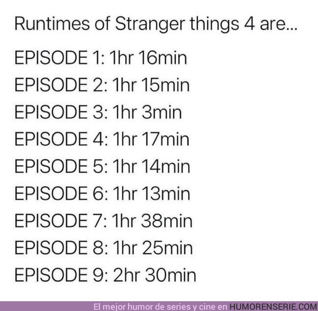 99815 - La duración de cada episodio de la temporada 4 de #StrangerThings. En total casi 13 horas.  , por @horrorlosers