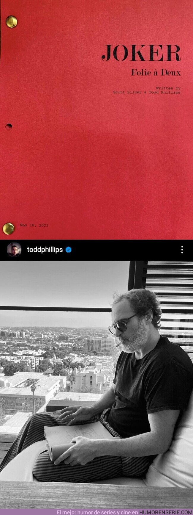101239 - El director Todd Phillips comparte la portada del guion de #Joker2 y una foto de Joaquin Phoenix leyéndolo, por @TheTopComics