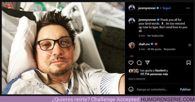 116954 - Jeremy Renner ha publicado su primera foto después del accidente para agradecer a los fans con un mensaje