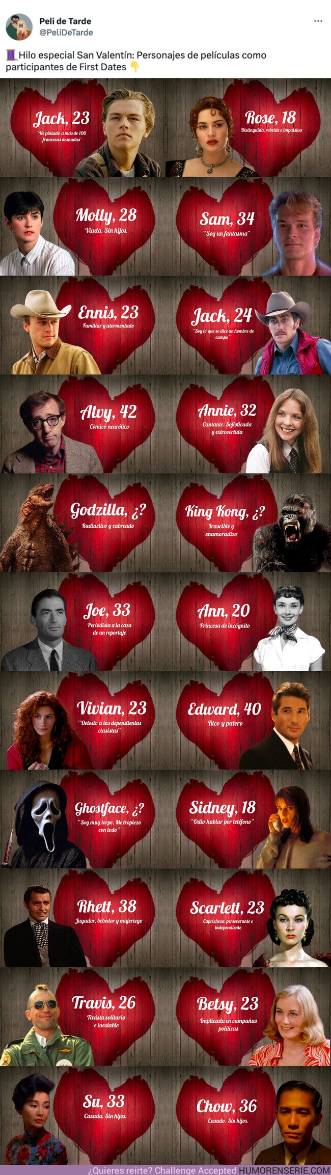 119889 - GALERÍA: Hilo especial San Valentín: Personajes de películas como participantes de First Dates , por @PeliDeTarde