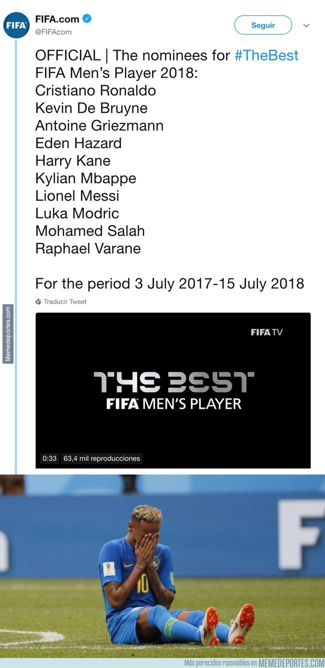 1046032 - Neymar se queda fuera de la lista de los 10 nominados al The Best