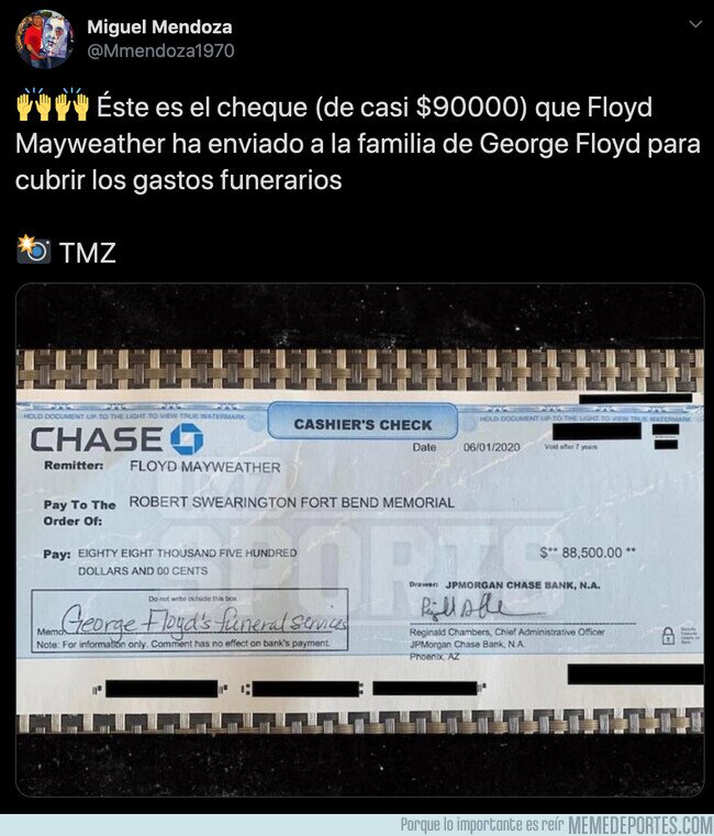 1105780 - Se filtra el cheque que Mayweather ha enviado a la familia de George Floyd para pagar los gastos del funeral