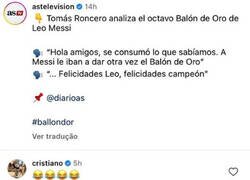 Enlace a Cristiano reacciona a un vídeo de Roncero criticando el Balón de Oro de Messi
