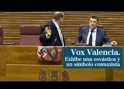 Enlace a Un diputado de Vox exhibe una pancarta en el Parlamento valenciano en la que aparece una esvástica