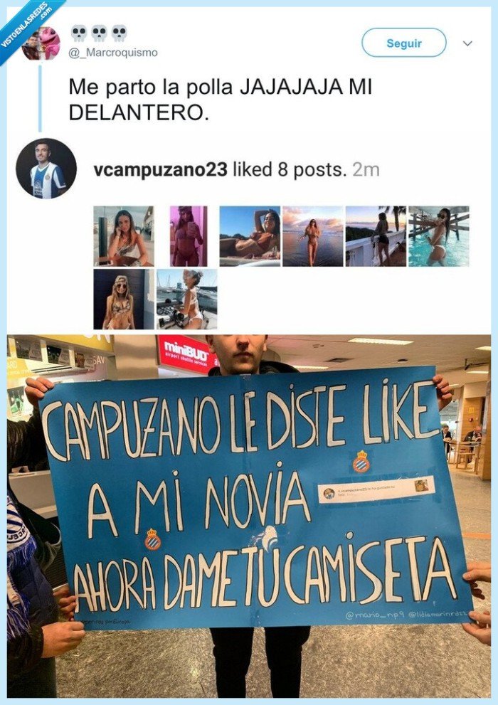532752 - Futbolista del Espanyol tira los tejos a su novia, y el novio de la chica, con total pérdida de dignidad, le hace esta pancarta