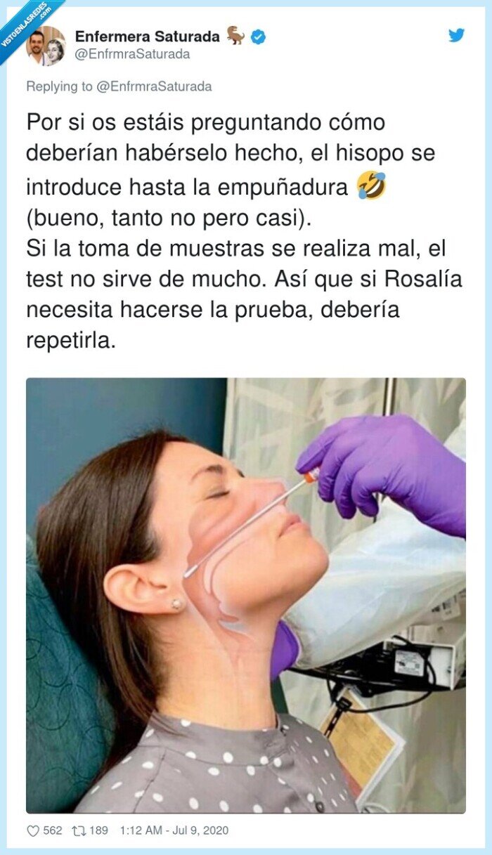 625028 - Rosalía enseña cómo le hacen un test PCR pero se lo realizan 'Malamente', por @EnfrmraSaturada