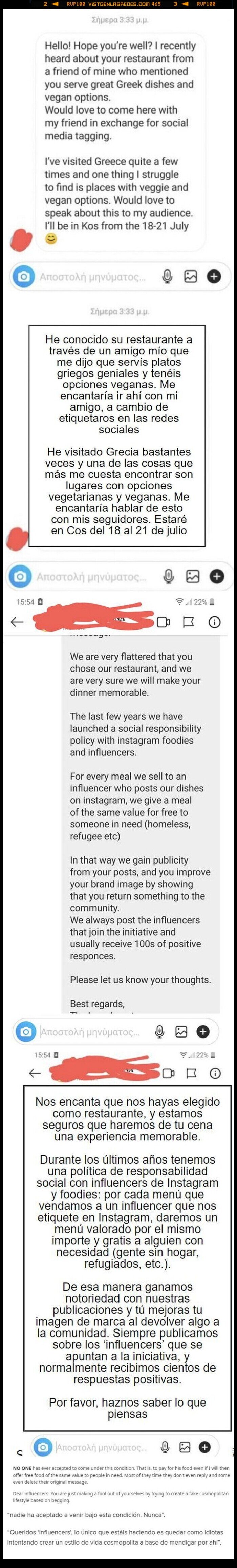 influencer,instagramer,comer,gratis,restaurante,grecia,respuesta
