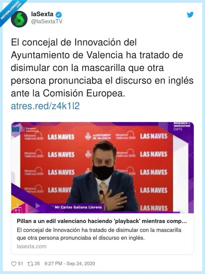 696472 - Pillan al concejal de innovación del Ayuntamiento de Valencia haciendo playback para disimular que no sabe inglés (y el tío lo clava)