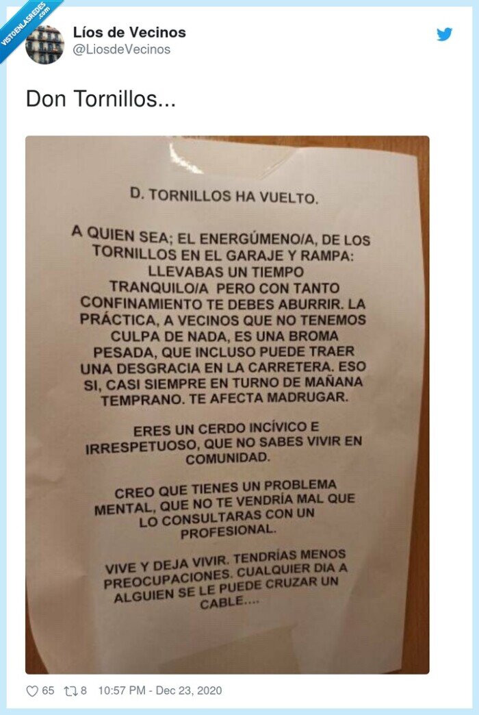 don tornillos,nota,comunidad,aviso