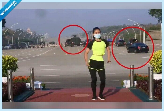 805131 - Una mujer hizo clase de aerobic sin darse cuenta de que estaban dando el golpe de Estado en Myanmar con convoy de militares incluido