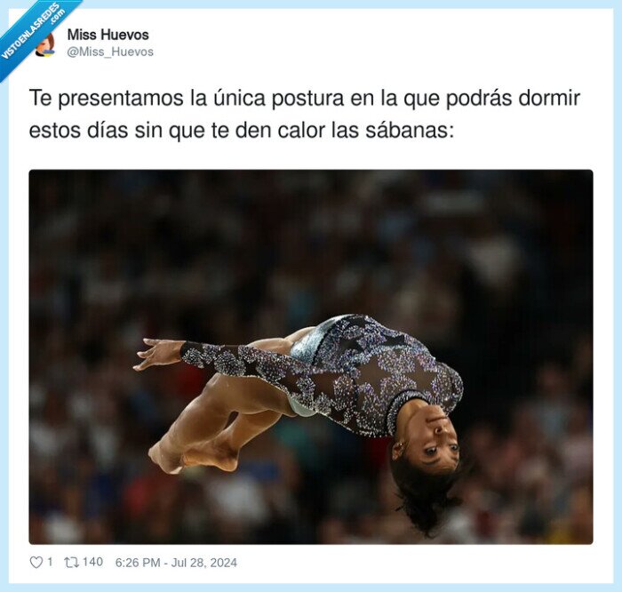 calor,simone biles,sábanas,postura,dormir