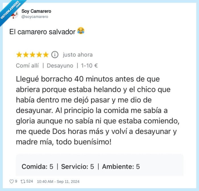 reseña,review,camarero,borracho,desayuno