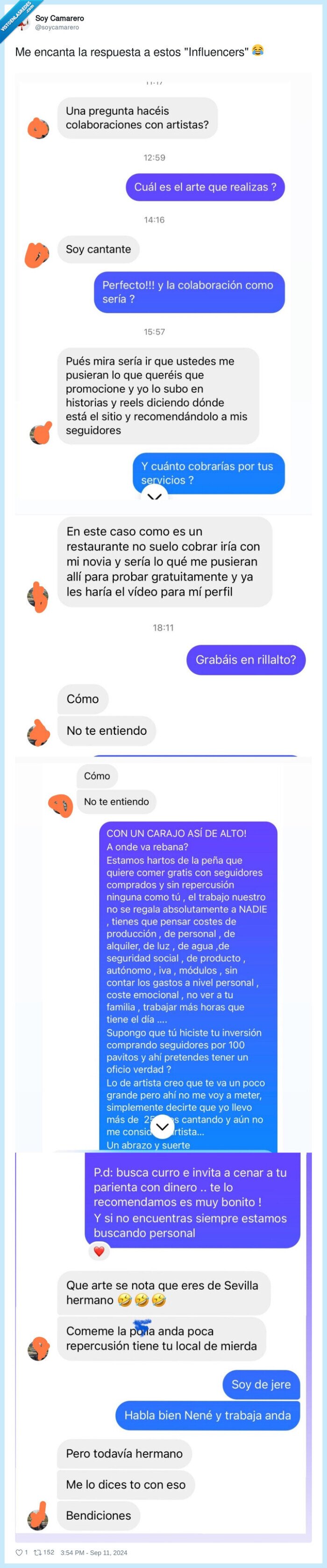 1638137 - BRUTAL, ojalá todos los restaurantes respondieran así a estos influencers de pacotilla que quieren comer gratis