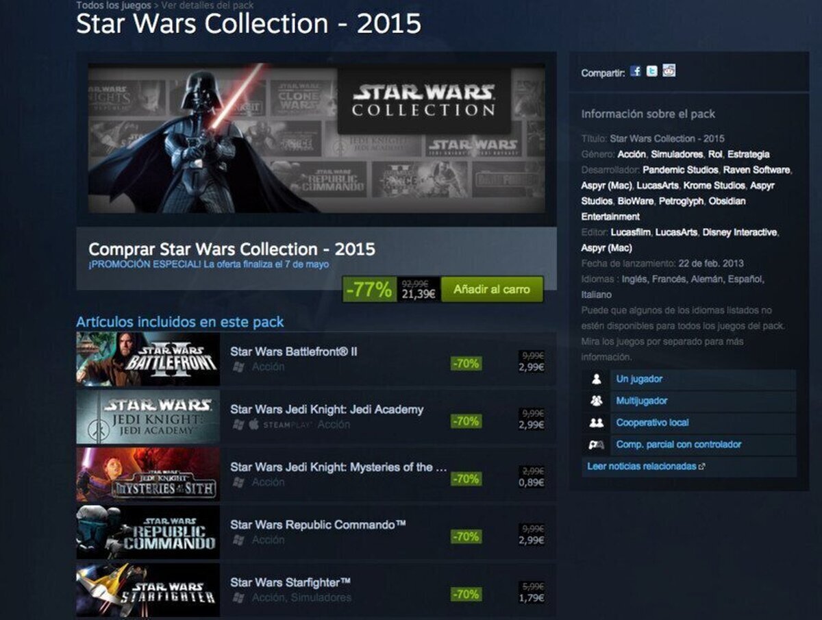 La saga Star Wars está de oferta en Steam