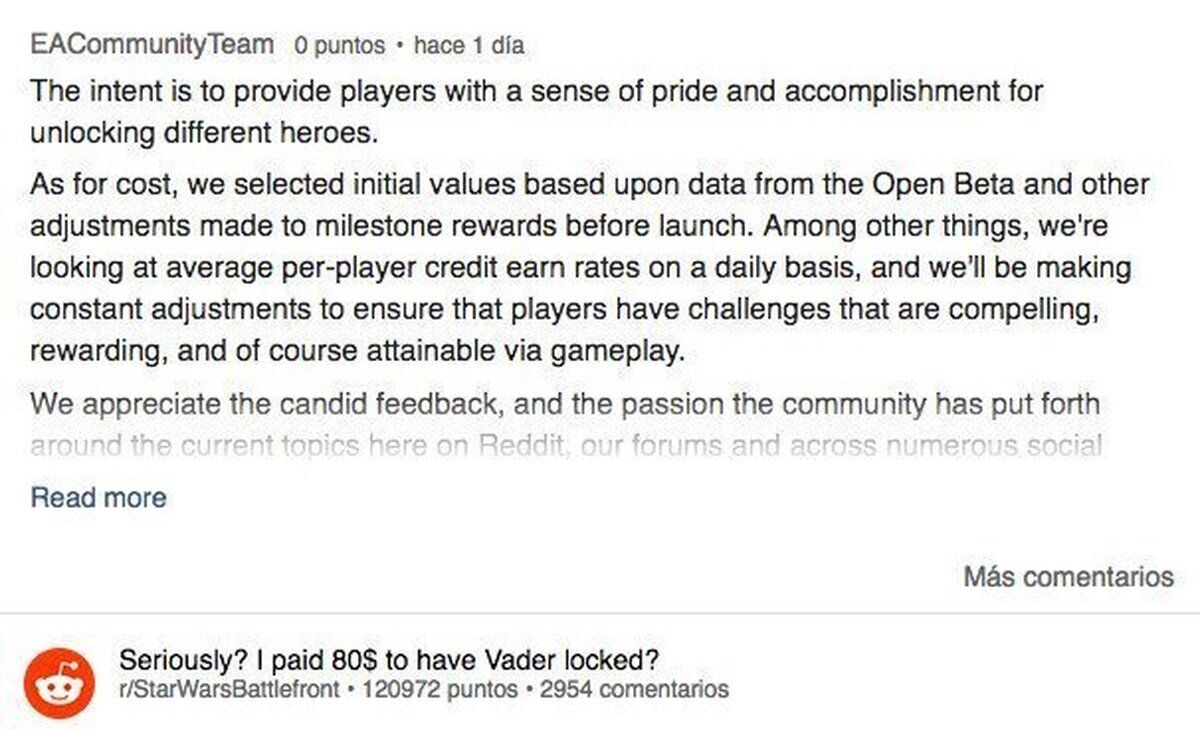 EA consigue el mensaje peor valorado de toda la historia de Reddit