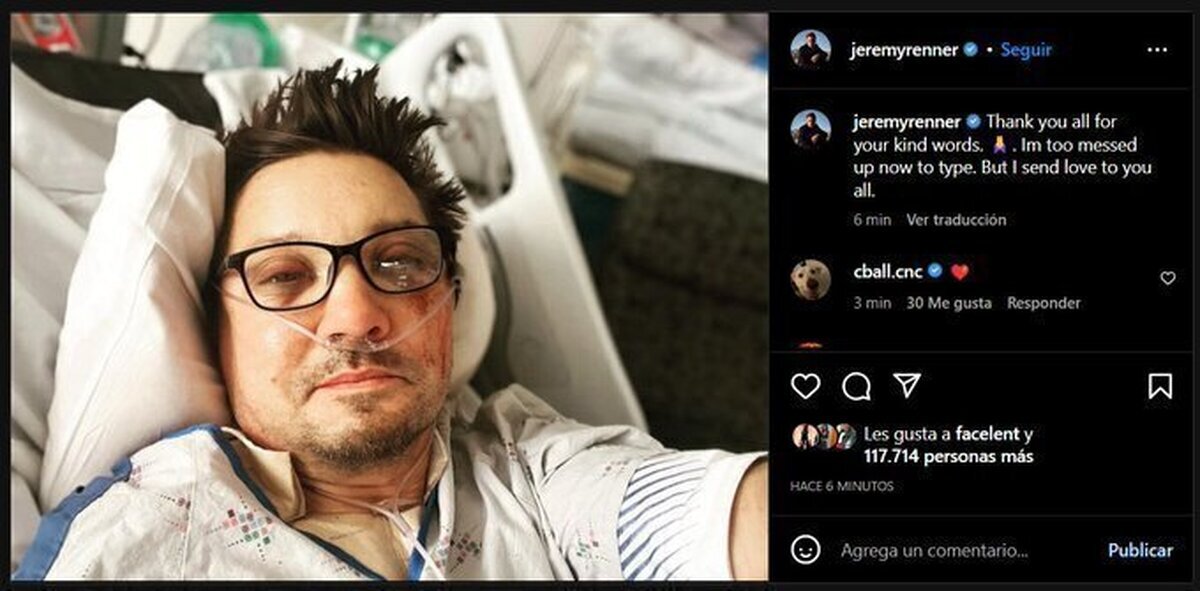 Jeremy Renner ha publicado su primera foto después del accidente para agradecer a los fans con un mensaje