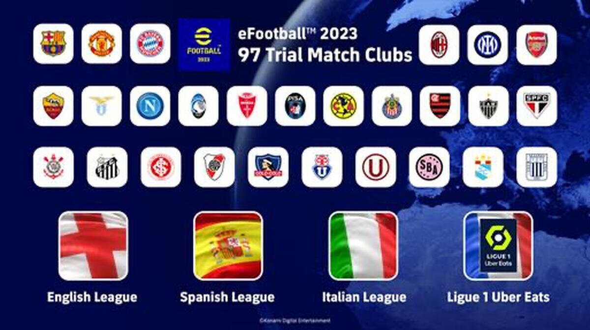 97 CLUBES DE LAS PRINCIPALES LIGAS EUROPEAS DE INGLATERRA, FRANCIA, ESPAÑA E ITALIA YA DISPONIBLES EN EL MODO TRIAL MATCH DE eFootball 2023