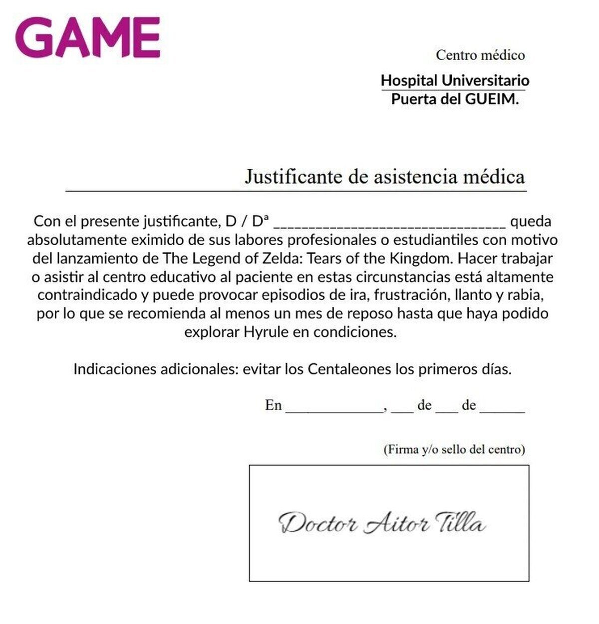 Justificante para jugar a Zelda