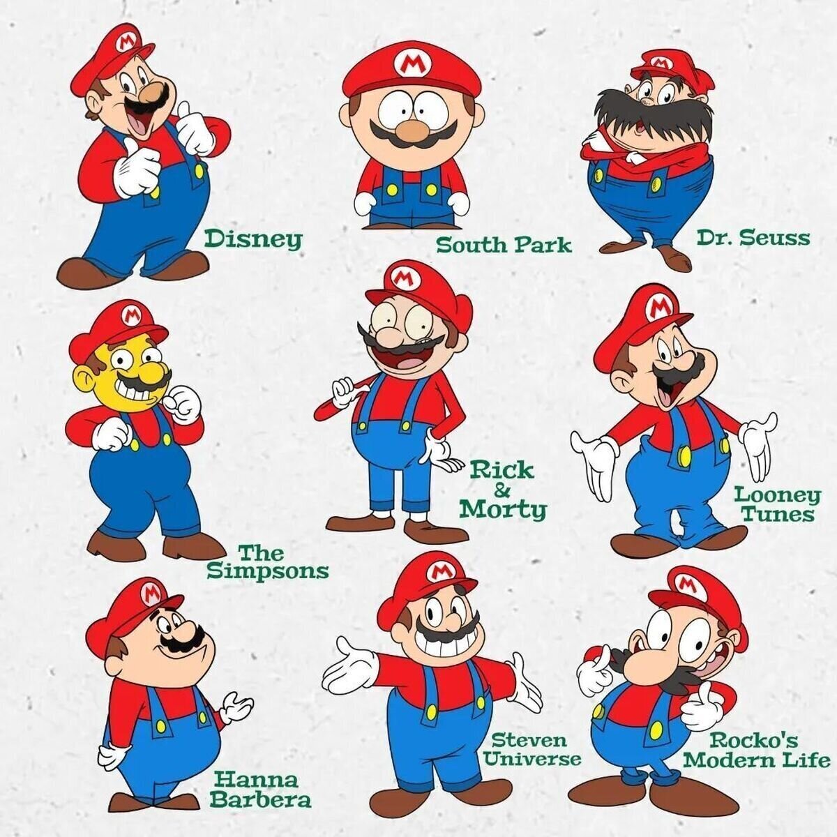 Mario con diferentes estilos de caricatura