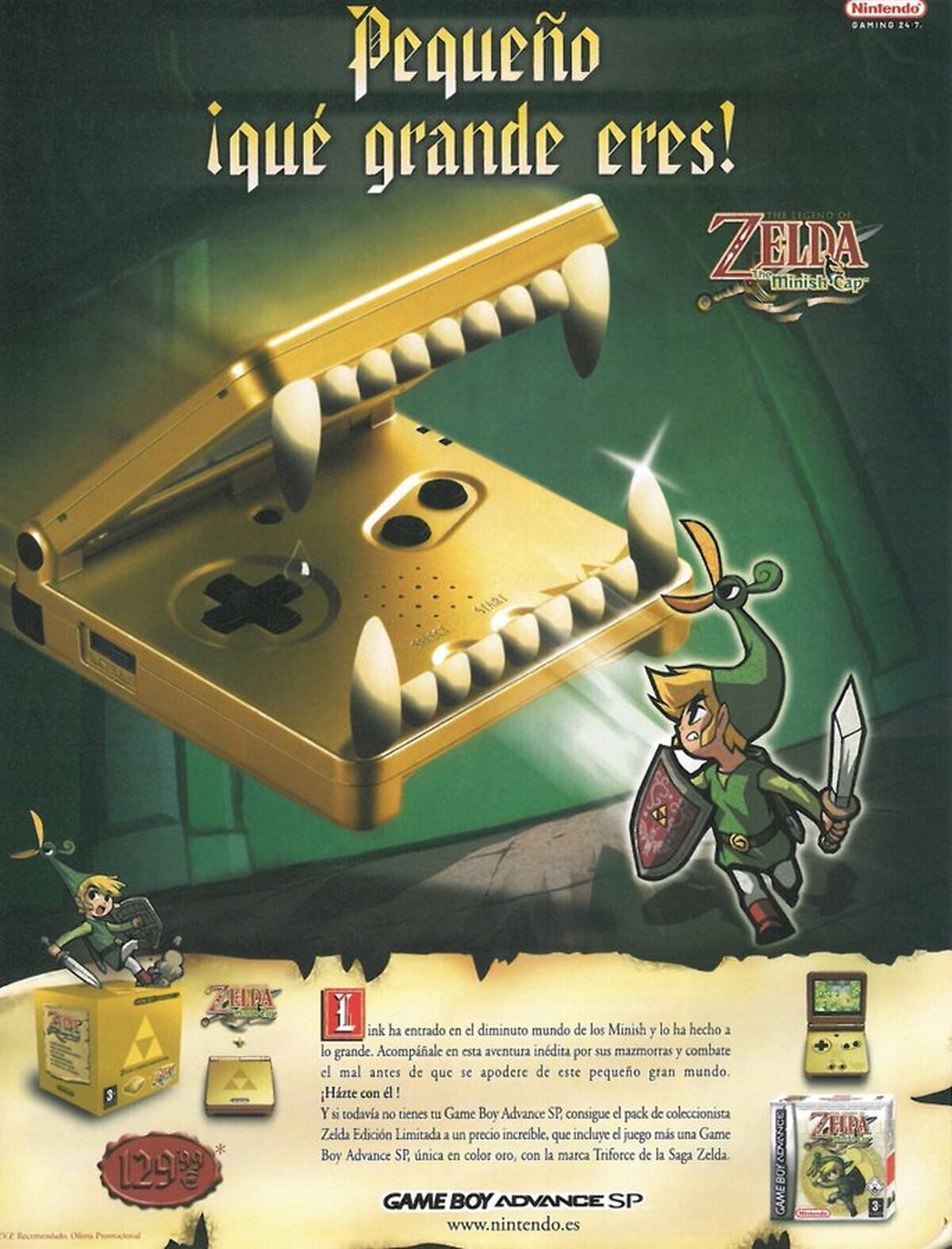 Publicidad en prensa de The Legend of Zelda: The Minish Cap (Game Boy Advance, 2004).

¡Con consola especial dorada!
