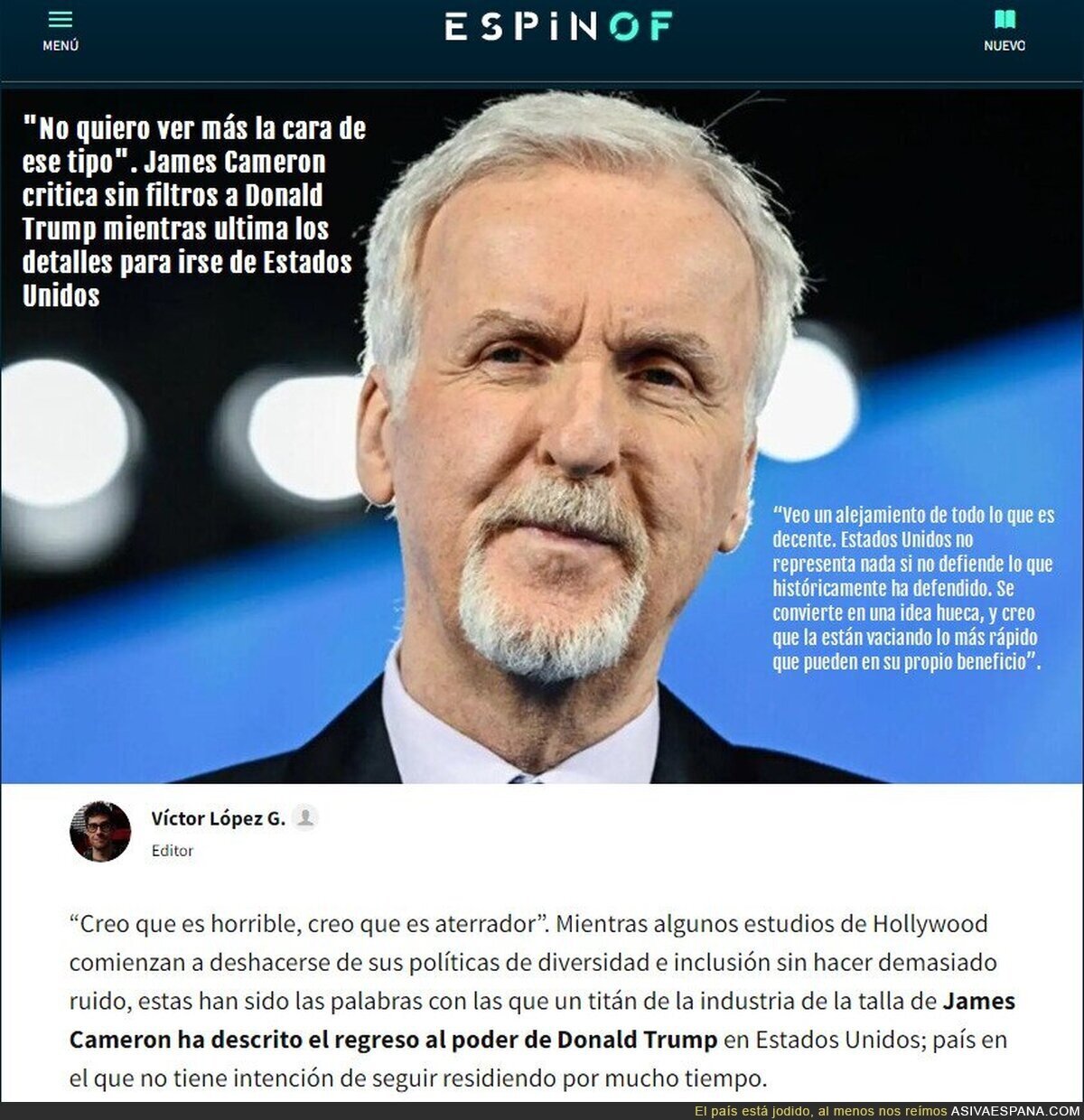 James Cameron asqueado de los EEUU de Trump