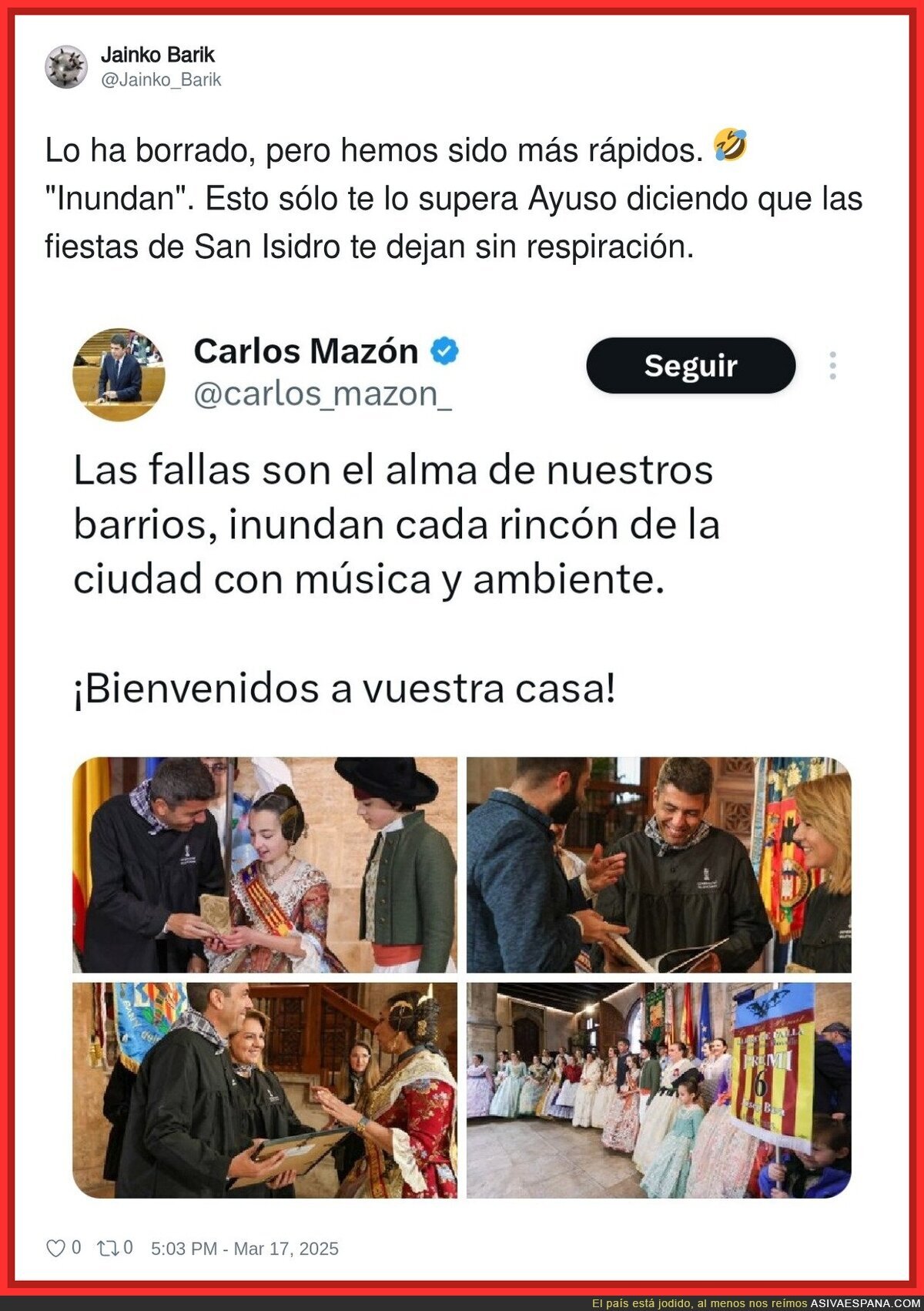 Fuertes críticas a Carlos Mazón por este mensaje sobre las Fallas