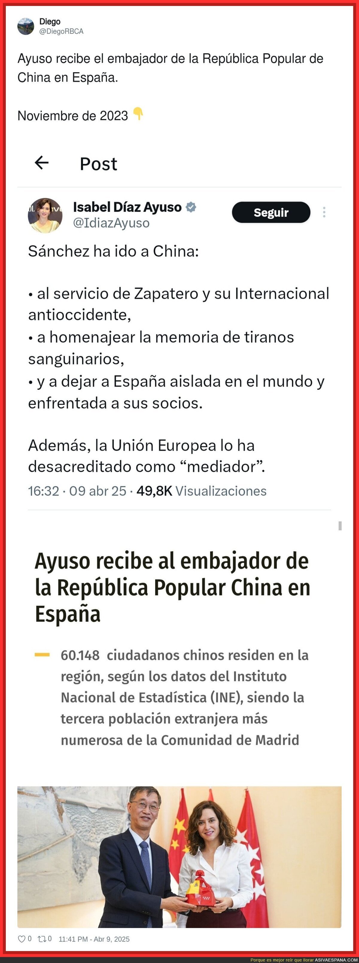Ayuso no está para criticar a Pedro Sánchez por sus visitas a China