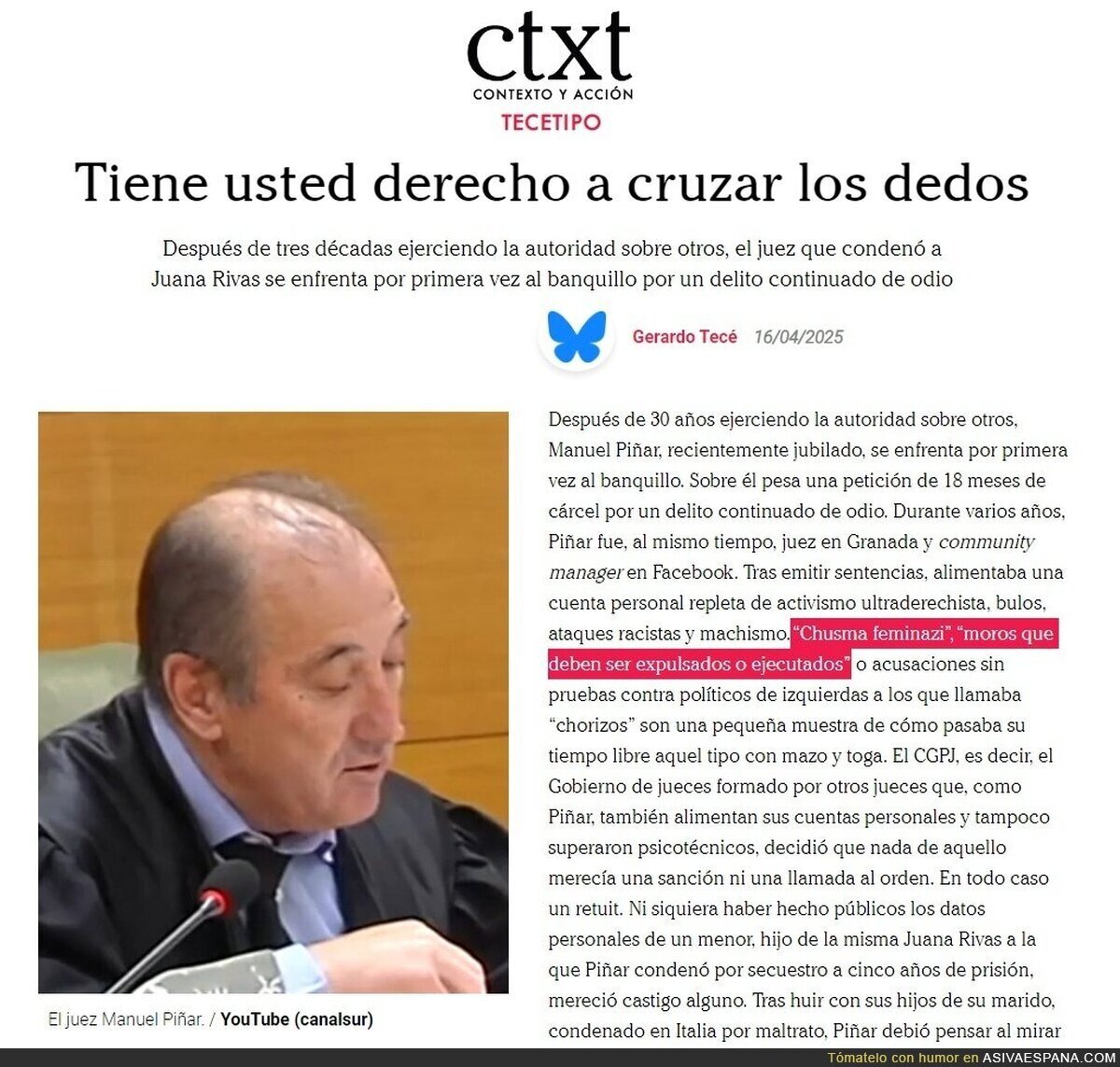 El Juez Piñar al banquillo por delito de odio