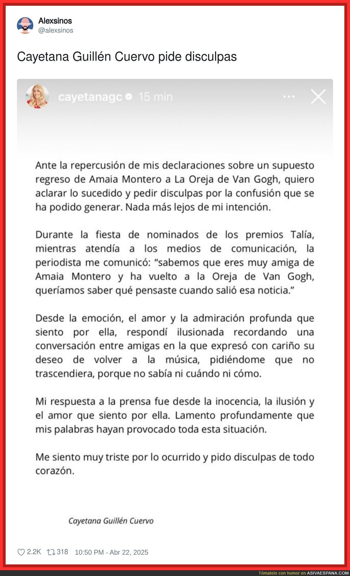 Cayetana Guillén Cuervo pide perdón tras filtrar que Amaia Montero vuelve a La Oreja de Van Gogh