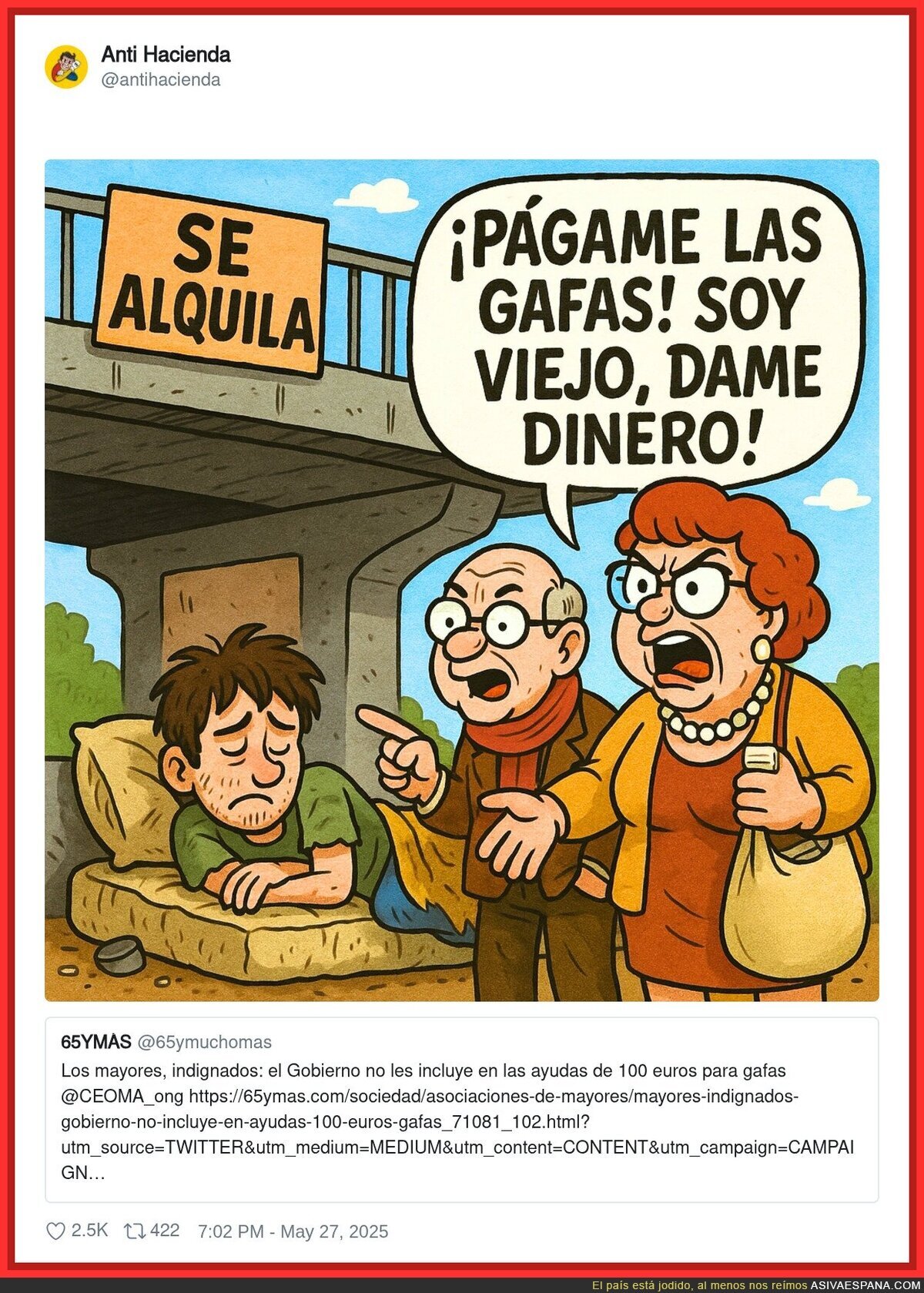 La gente mayor se indigna porque no les darán 100€ para gafas
