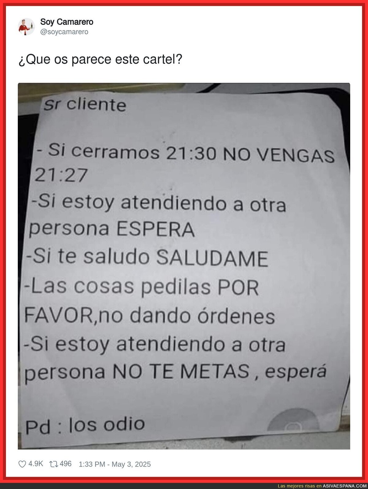 Un aviso para la clientela